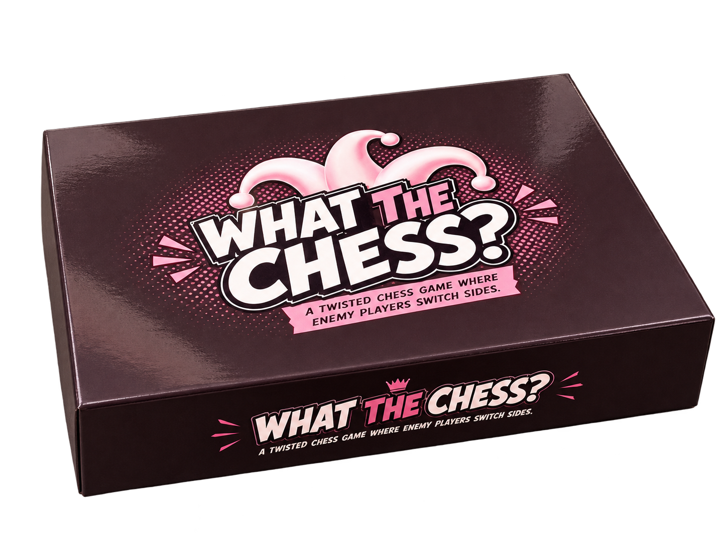 The closed What the Chess? game box, showing the pink Jester hat logo and the line 'a twisted chess game where enemy players switch sides'.