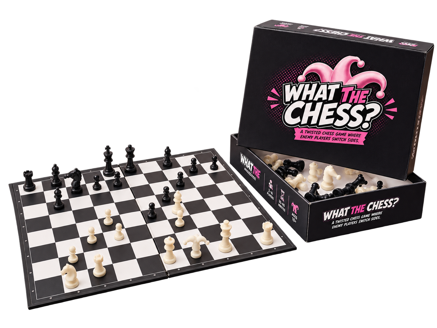 The What the Chess? board game: the 10-by-8 folding board set up with cream and black pieces including the Jester, beside the boxed edition with its lid and pieces.